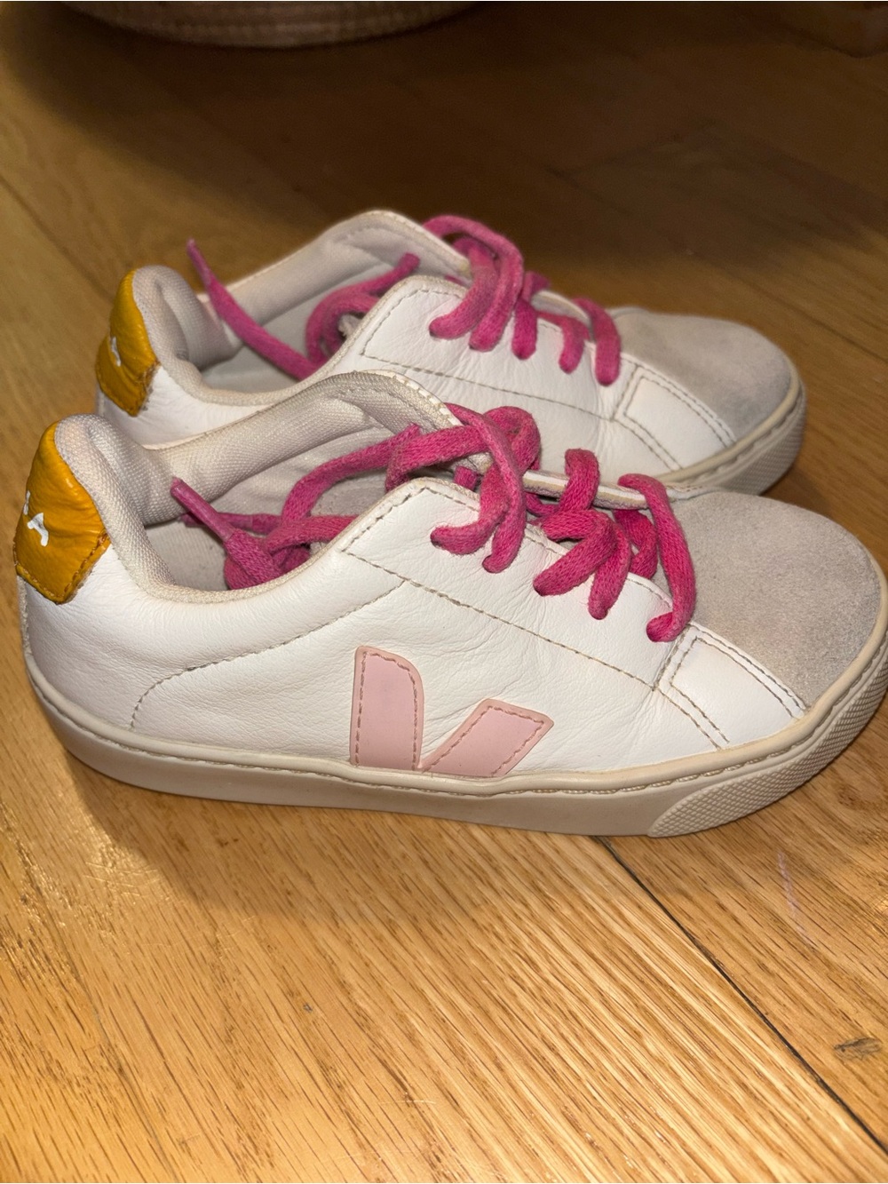 Veja Kids White Sneakers with Pink Accents and Yellow Heel Tab
